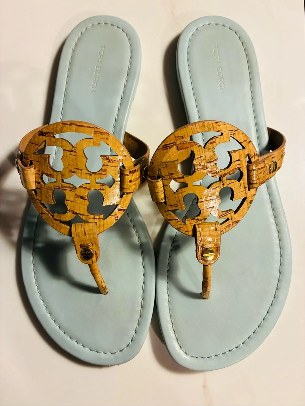 Tory Burch Pale Blue Sandals with Cork-Tone Logo Medallions